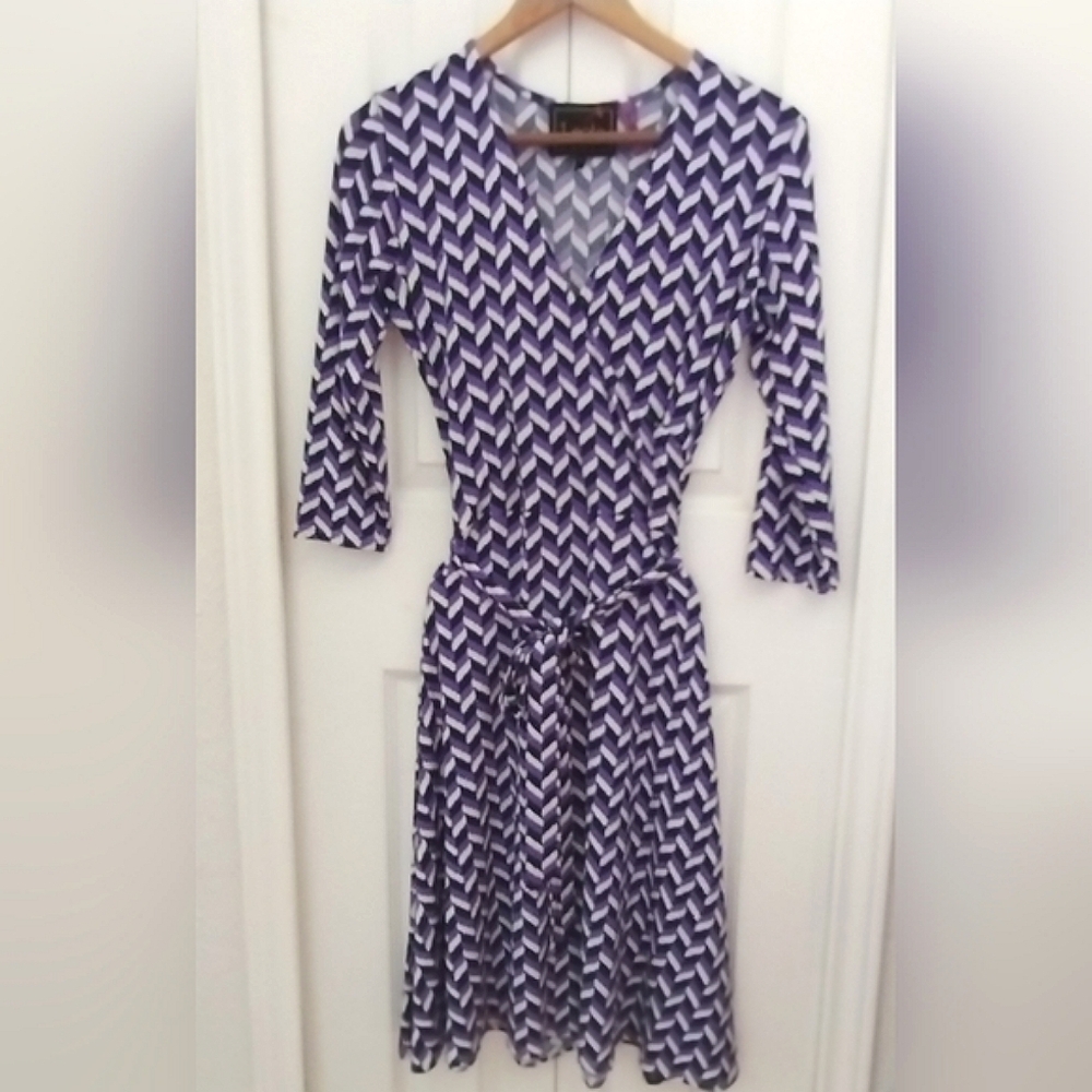 Purple and Navy Herringbone Print Belted Dress